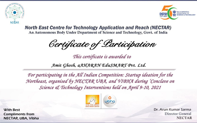 aAHARAN participated in All India Competition: Start-up ideation for the North East, organized by NECTAR