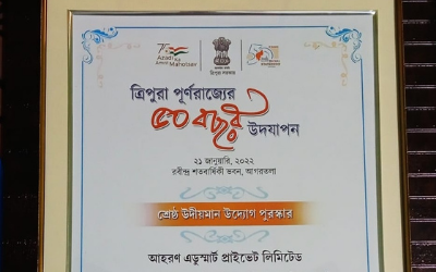 The Best Startup Entrepreneur Award Certificate by Govt. of Tripura