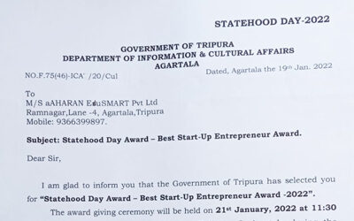 Govt. of Tripura has selected aAHARAN for “Best Start-Up Entrepreneur Award – 2022”