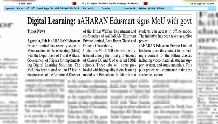 aAHARAN Edusmart signs MoU with Govt. of Tripura