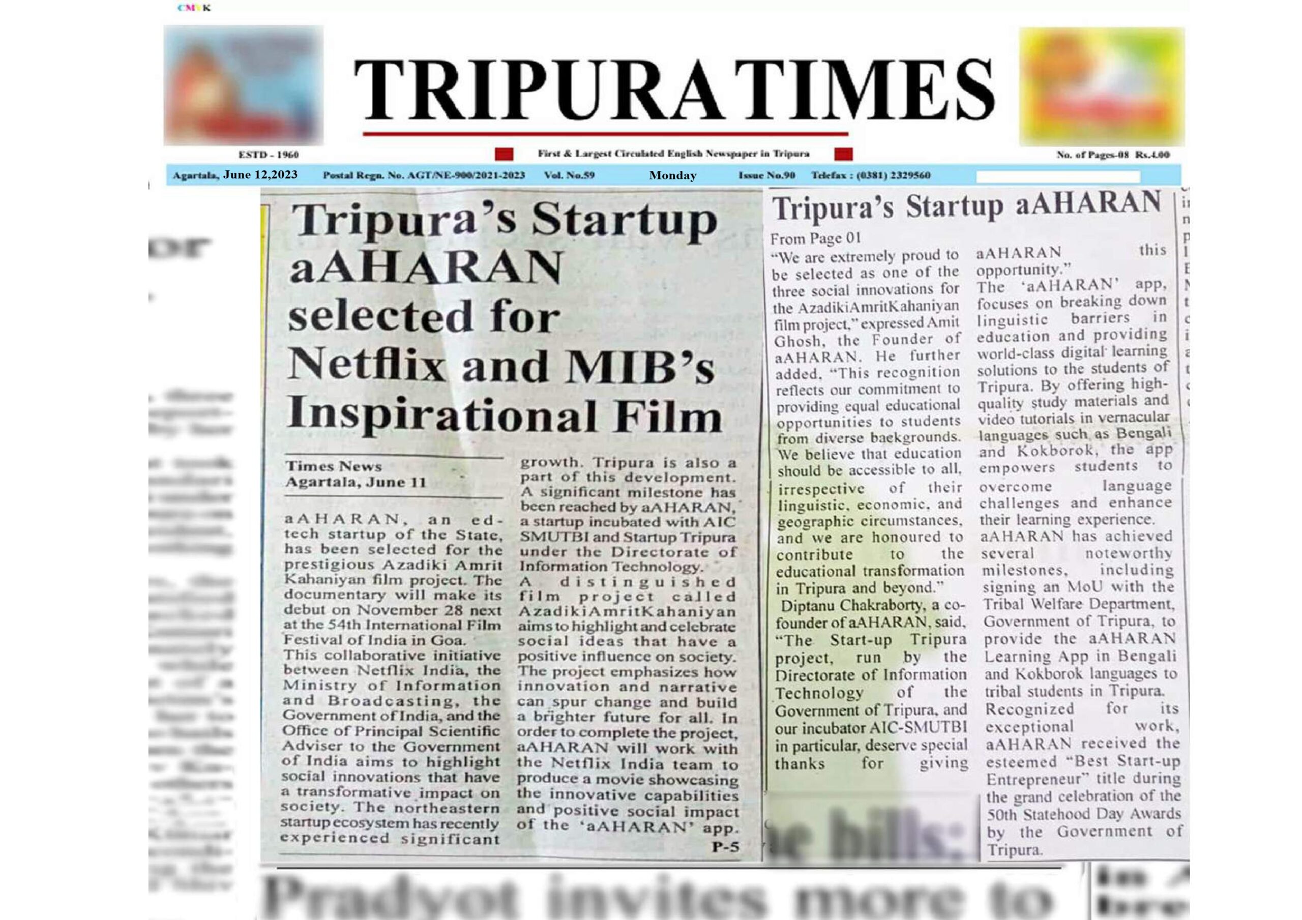 CMO Tripura tweet about aAHARAN award